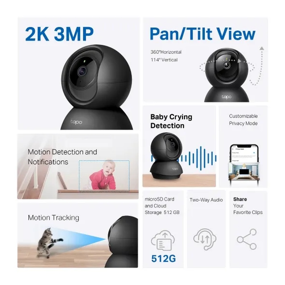 Camara Tapo 2K 3MP Rotacion 360° Audio 2 Vias Vision Nocturna Detecta Movimiento Soporta Micro SD 512GB Tapo C211