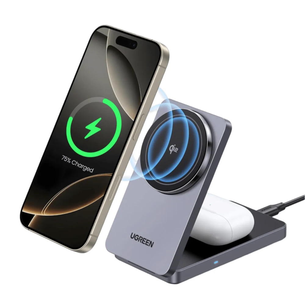 Cargador Ugreen Maglfow Qi2 Carga Inalambrica Certificada 15W 2en1 Alineacion Magnetica Inteligente 45023